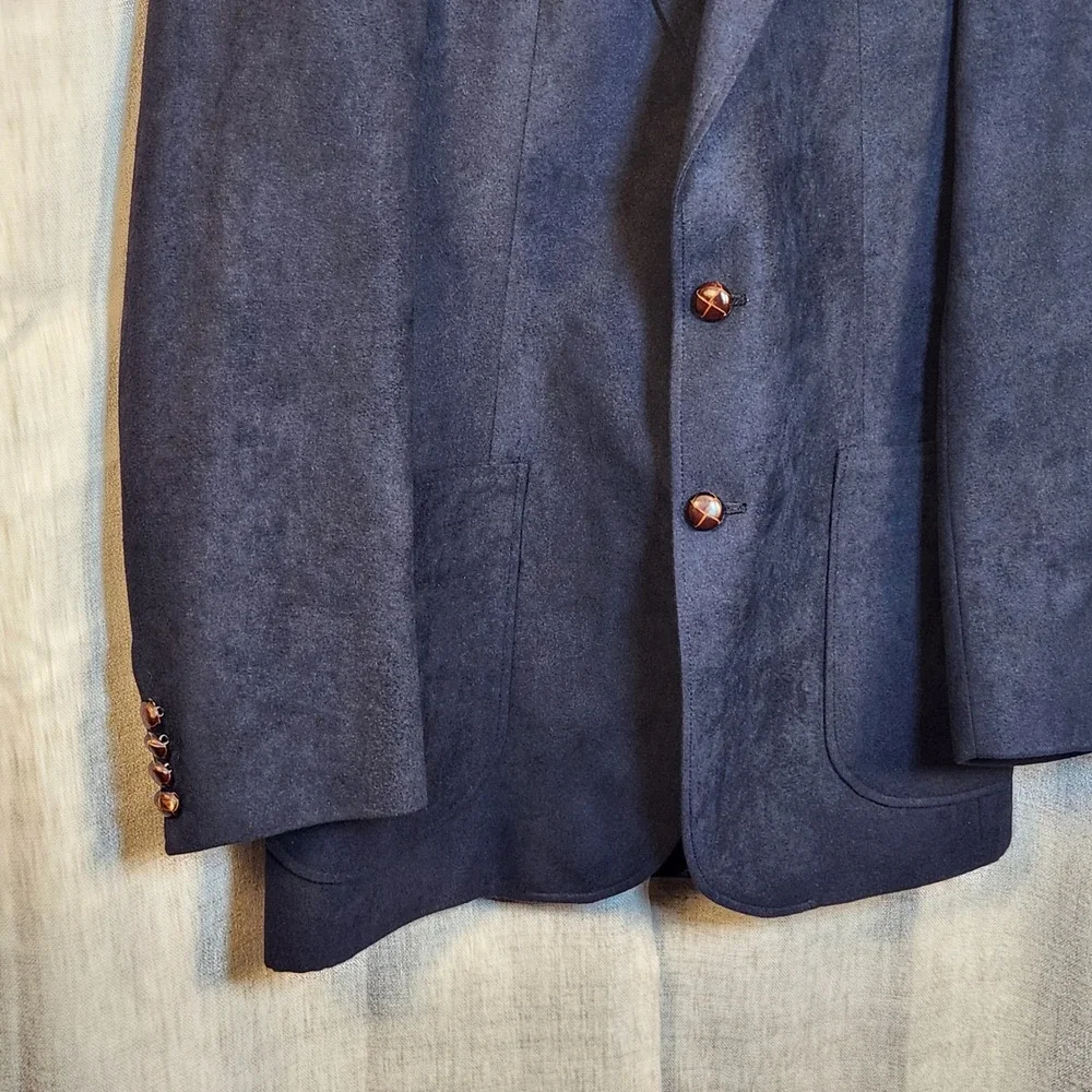 VTG Gallery by Haggar Sport Coat Mens 42L Navy Blue Faux Suede Blazer Two Button